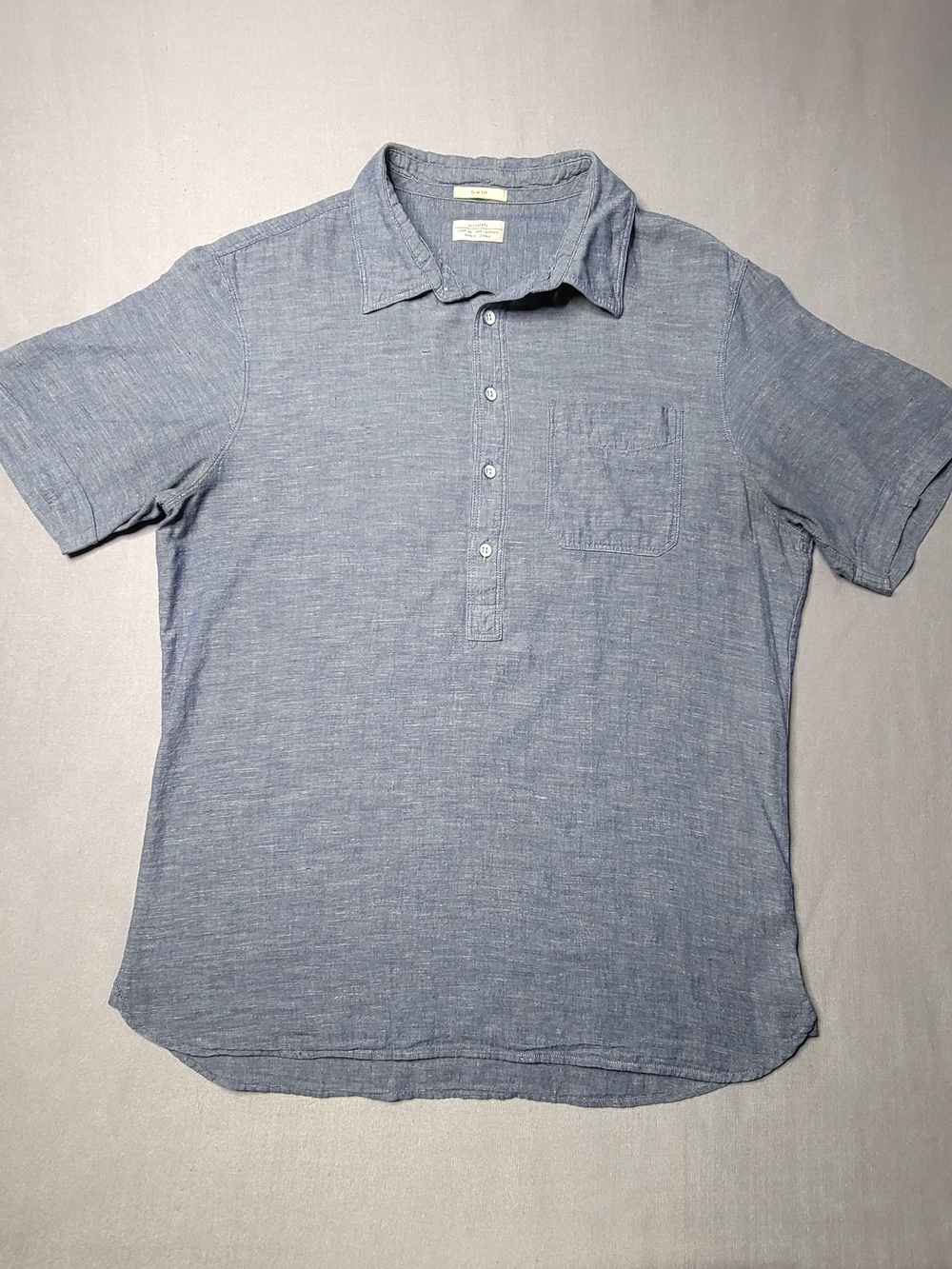 All Saints Men’s Short Sleeve Button Up Pullover Slim Fit Blue Chambray Shirt M